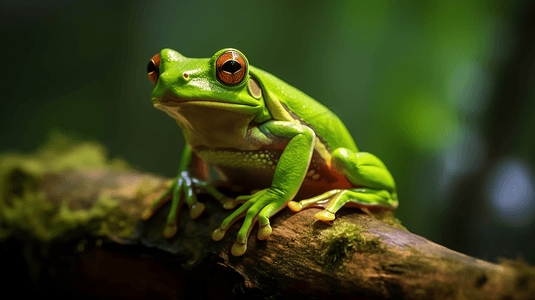 一只绿色的青蛙坐在树枝上