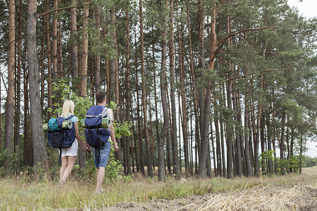 年轻背包客在树林里手牵手的全长后视图