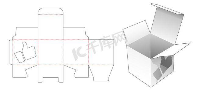 包装盒模板摄影照片_带有喜欢的图标形状 windpw 模切模板的方形包装盒