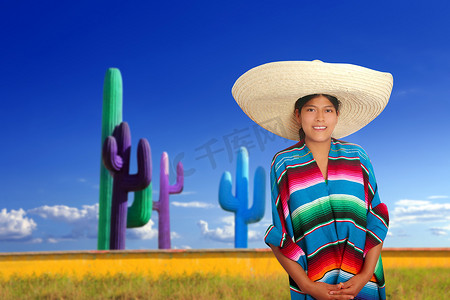 仙人掌中的墨西哥雨披 serape 女孩大阔边帽