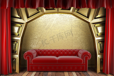 活动背景布幕摄影照片_金色舞台上的红色布幕和沙发