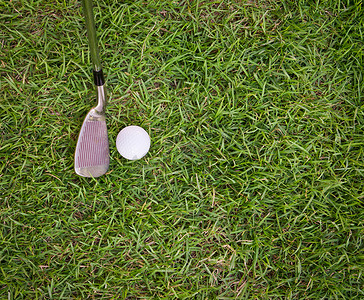 草地上的高尔夫球和铁杆