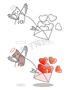 丘比特猫正在提升字母卡通着色页的爱