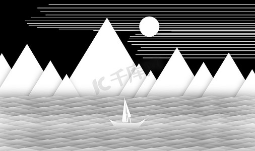 帆船主题摄影照片_帆船在有山和太阳的海洋中库存照片即时打印传输，墙壁-建筑特征，摘要，在边缘，黑白