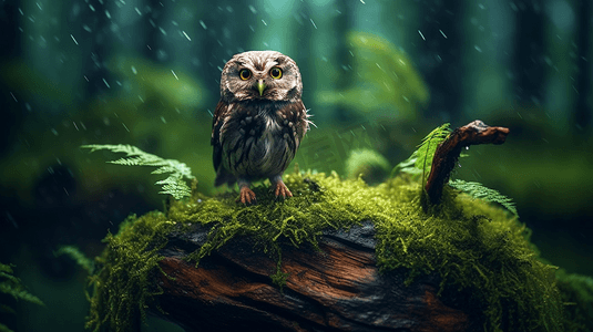 雨中一只猫头鹰坐在树桩上