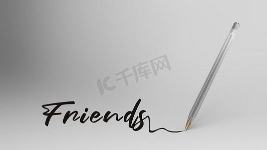 清书法摄影照片_用透明塑料圆珠笔在白色背景上用书法写的朋友字，bic，3d 插图渲染高清。