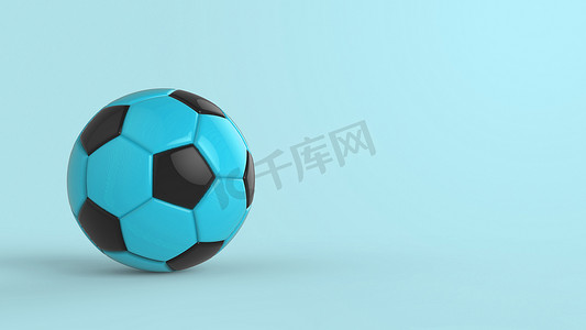 天蓝色足球塑料皮革金属织物球隔离在黑色背景上。