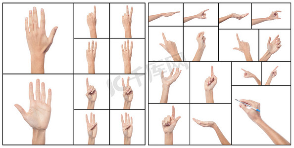 女人手的拼贴画，各种手势。