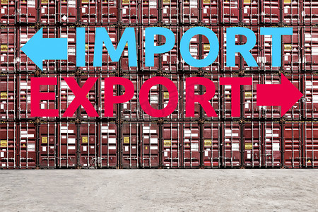 用于全球运输进出口和物流业务概念的航运场货物运输集装箱与出口和进口词的堆叠模式