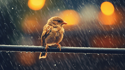 雨中坐在铁丝网上的小鸟