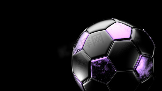 紫色和黑色足球金属球隔离在黑色背景上。