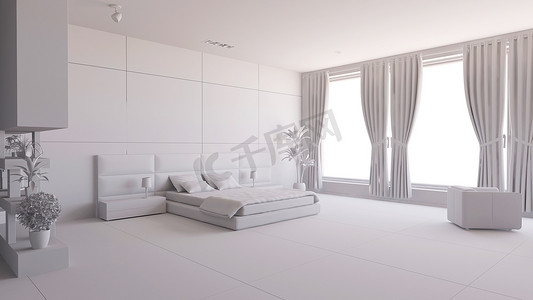 室内渲染图摄影照片_带一些家具的卧室渲染图