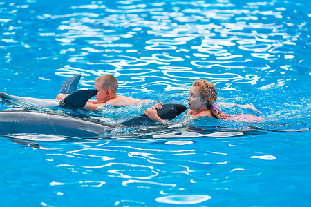 快乐的小孩在海豚馆与海豚一起游泳