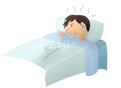 二维码版面设计摄影照片_男婴躺在床上发烧和温度计，孤立的二维卡通插图。