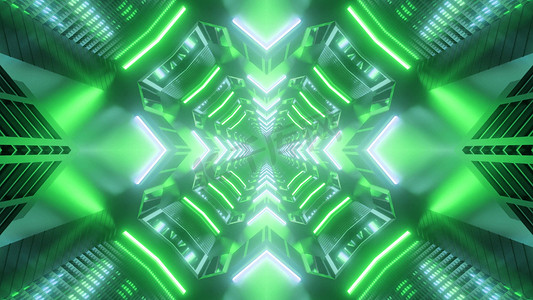 隧道中绿色霓虹灯的 3D 插图