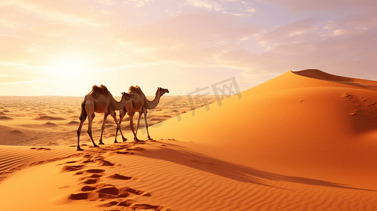 动物兔和马摄影照片_一对骆驼在沙漠中行走