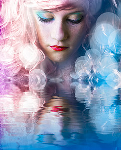 “染发的甜美少女，水中反射的光效”