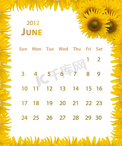 2012 年日历，6 月与向日葵框架设计