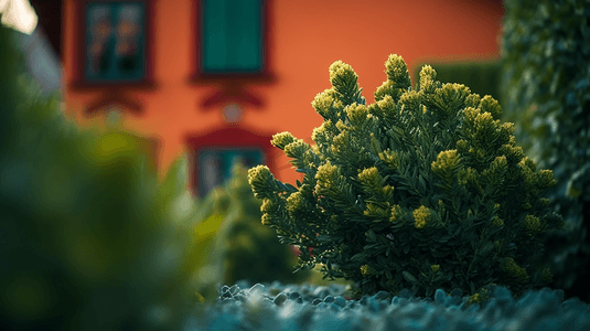 灌木植物摄影照片_房屋旁的绿色灌木植物