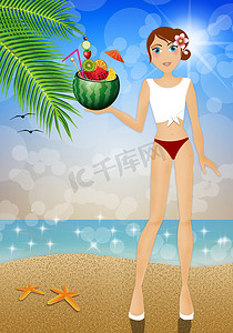 西瓜大海摄影照片_沙滩上拿着西瓜水果的女人