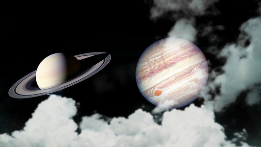土星和木星背影云在夜空中