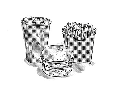 卡通三明治摄影照片_汉堡包、小薯条和软饮料卡通复古画