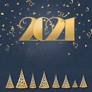 2021 年新年快乐，圣诞快乐，优雅的金色贺卡，带光。