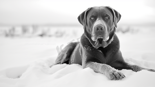 一只黑白相间的狗坐在雪地里