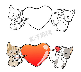 可爱的猫和心卡通着色页