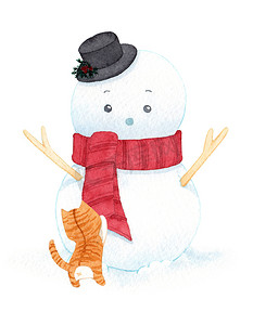 可爱的圣诞雪人戴着帽子和围巾，白色背景上有猫。