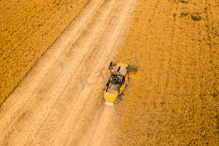 田间收割摄影照片_从田间收割小麦的联合收割机的俯视图