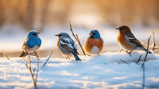 一群鸟站在积雪覆盖的地面上