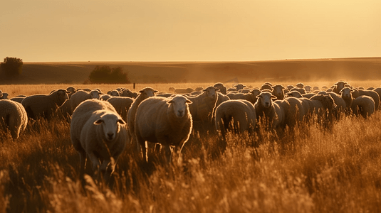 黄金时段在草地上吃草的羊群