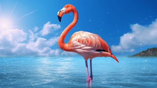 一只粉红色的火烈鸟站在水中，头埋在水里