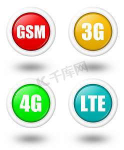 带阴影的 LTE、4G、3G 和 GSM 矢量图标