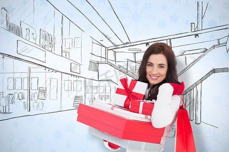 快乐的黑发女郎拿着圣诞礼物和购物袋的合成图像