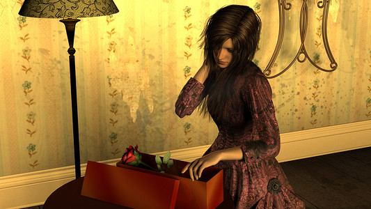 深色服饰摄影照片_身着维多利亚时代服饰的年轻女子打开装有红玫瑰的礼盒