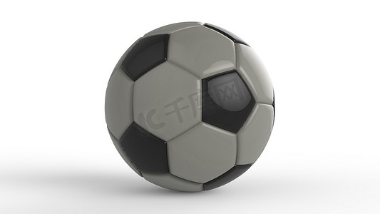 足球联赛展板摄影照片_灰色足球塑料皮革金属织物球隔离在黑色背景上。