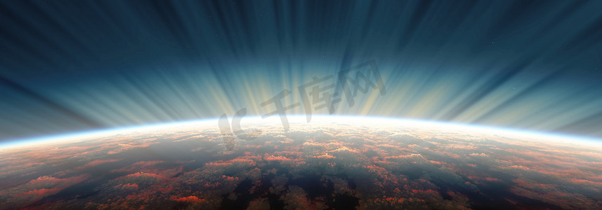 太空极光的日出，3d 渲染