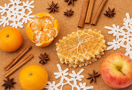 香橘摄影照片_圣诞香料、水果和华夫饼