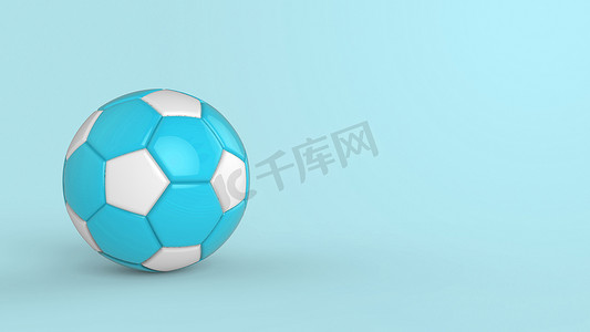 足球联赛展板摄影照片_天蓝色足球塑料皮革金属织物球隔离在黑色背景上。