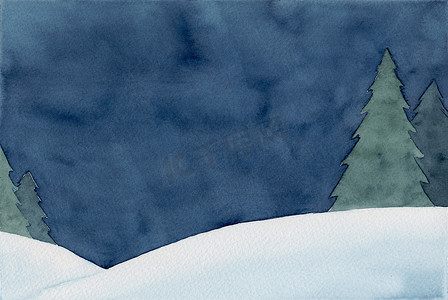手绘蓝色冬天摄影照片_平静的夜晚冬天风景背景。
