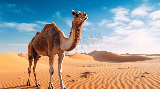 是是是摄影照片_一只在沙漠中行走的骆驼，背景是蓝天