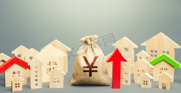 颜元钱袋子和一城房子数字和红色向上箭头。