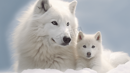 一只狼摄影照片_一只白狼和一只小狼