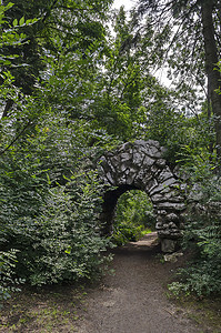 假山景观摄影照片_自然老西公园各种植物的旧废弃假山石拱灌木景观