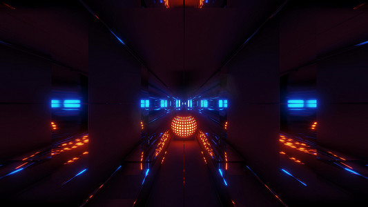 空间渲染图摄影照片_带有反射空间隧道背景的漂亮橙色发光球体 3d 渲染图
