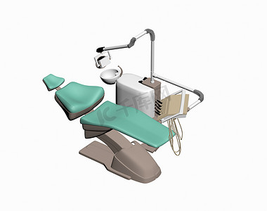 牙医椅摄影照片_带桌子和仪器的绿色牙医椅