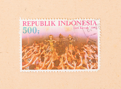 点赞留言收藏摄影照片_印度尼西亚 — 大约 1986 年：印在印度尼西亚的邮票显示 Tari