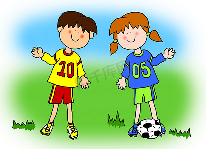 协助翻身卡通图摄影照片_男孩和女孩卡通足球运动员